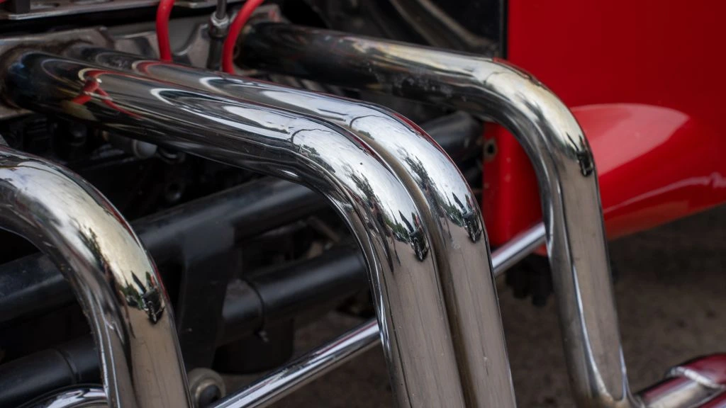 Mandrel-bent headers racked on the Thorley shop floor in Canton, Ohio.